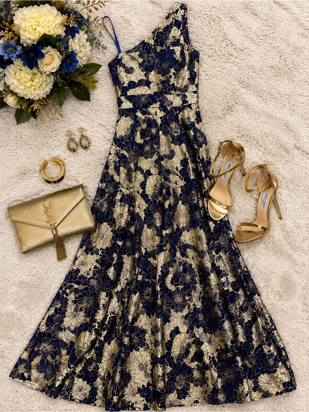 Betsy & Adam Blue Gold One Shoulder Floral Brocade Maxi Gown Size 4 NWT